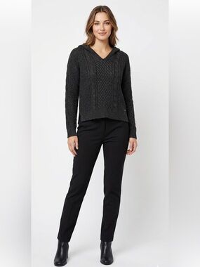 Harlow Cable Knit Pullover Sweater Small Hooded V-Neck Cropped Relaxed Fit Grey
